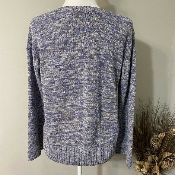J Crew Women's Medium Blue Heather Marled Long Flared Sleeve V Neck Sweater - Picture 3 of 12